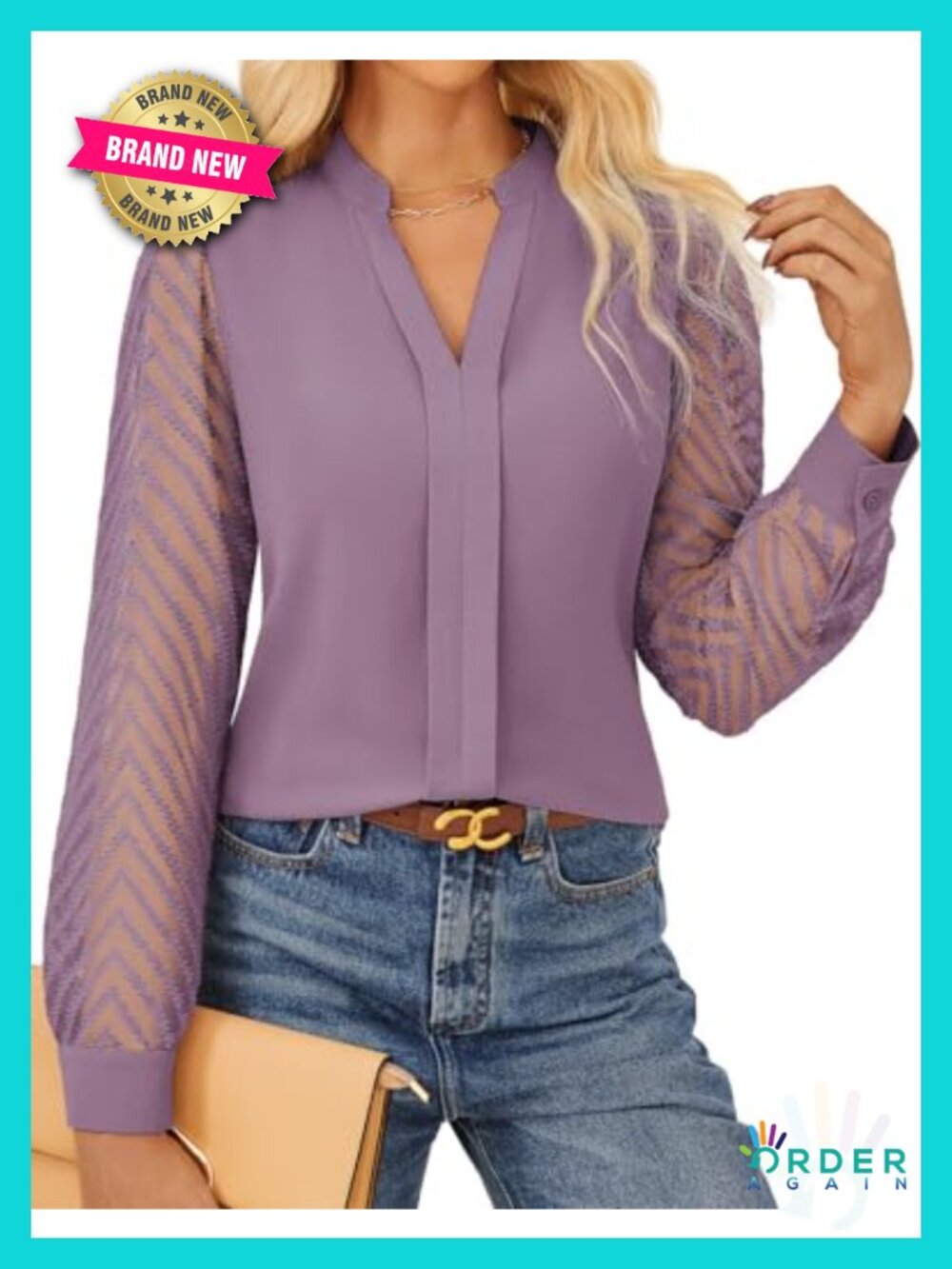 Womens Sheer Lace Sleeve Pleated Henley V Neck Blouse Business Casual Work Top